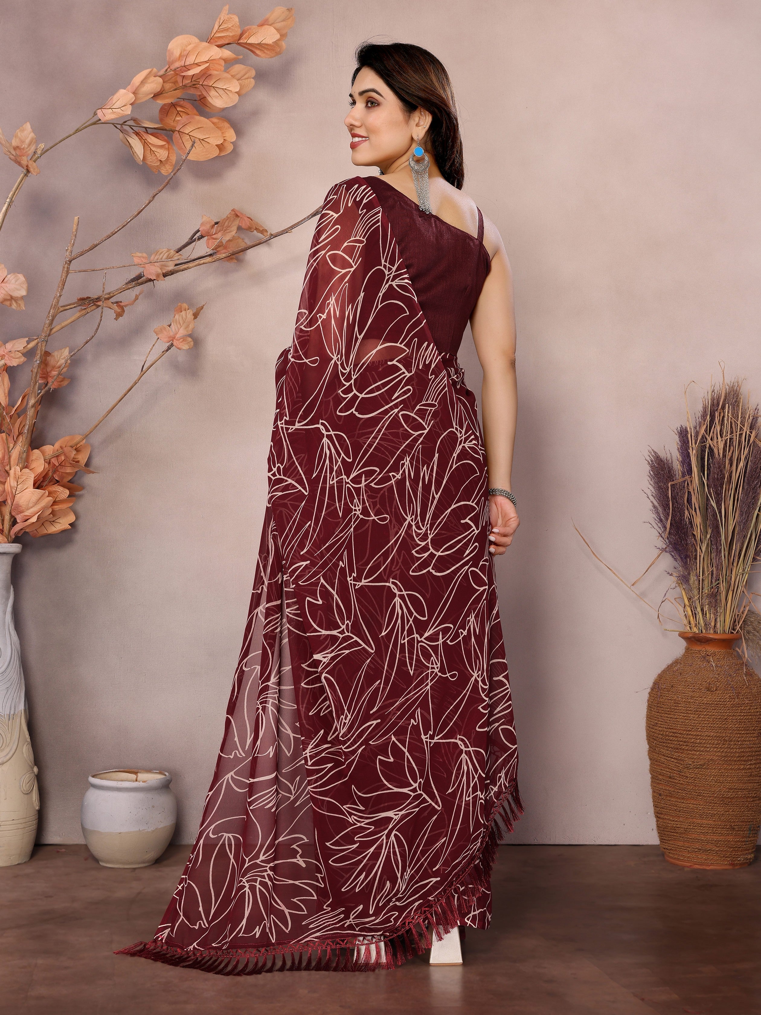 Maroon Beautiful Designer Printed Ready To Wear Saree For Fancy Looks