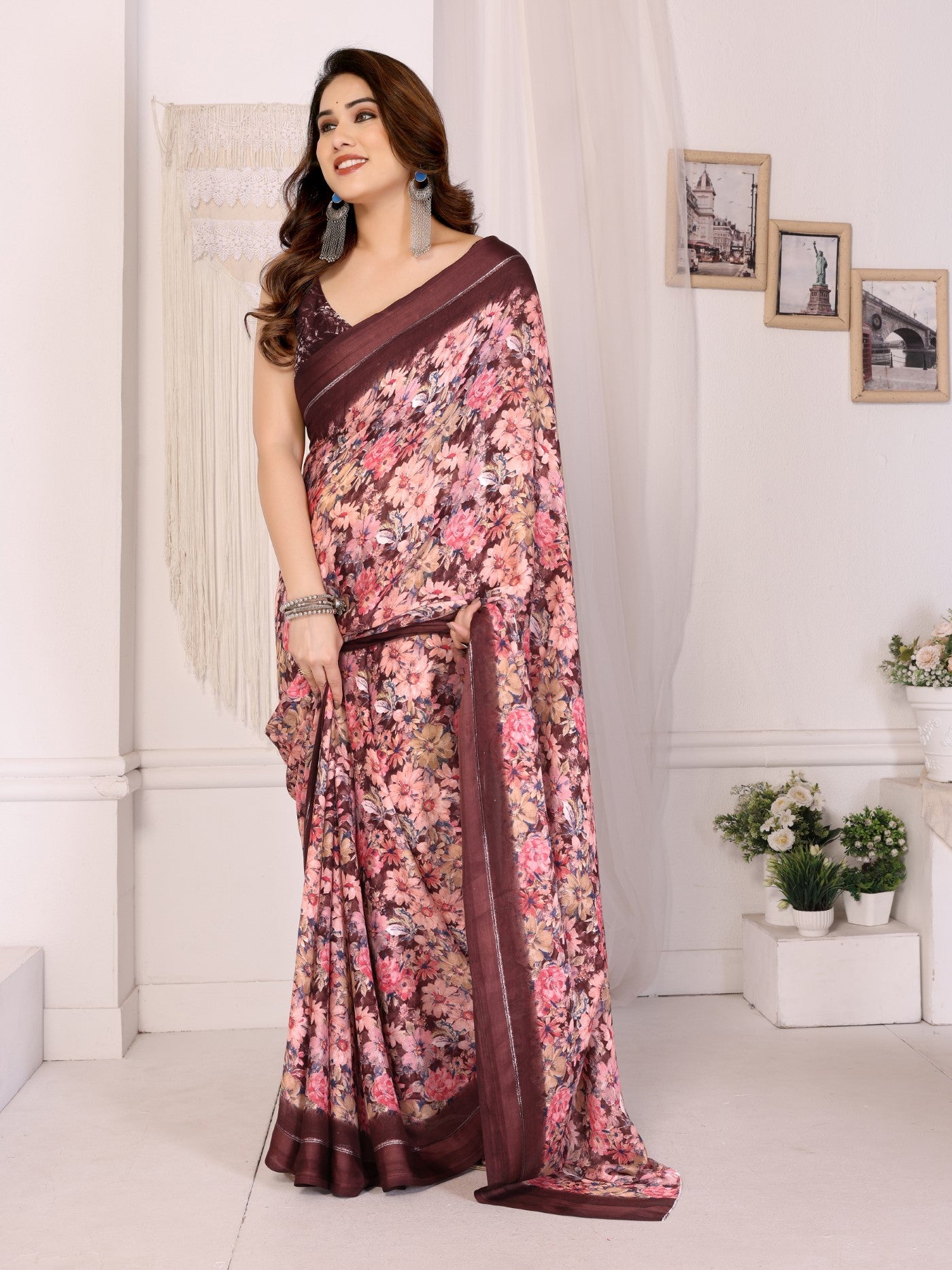 Maroon Bright Moss Satin Patta Saree With Printed Design