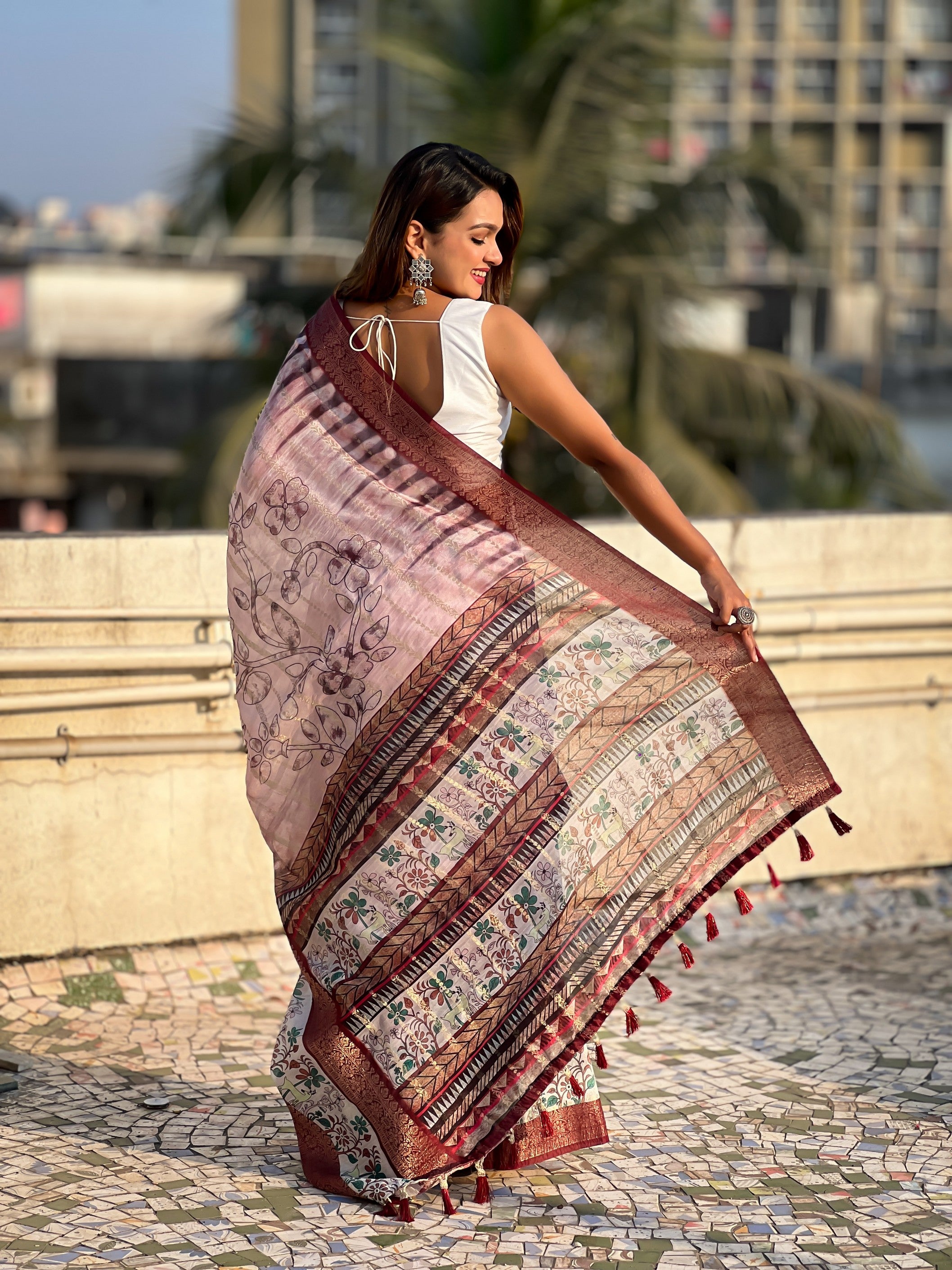 Maroon Chanderi Crush Printed With Woven Jari Designer Elegant Sophisticated Saree