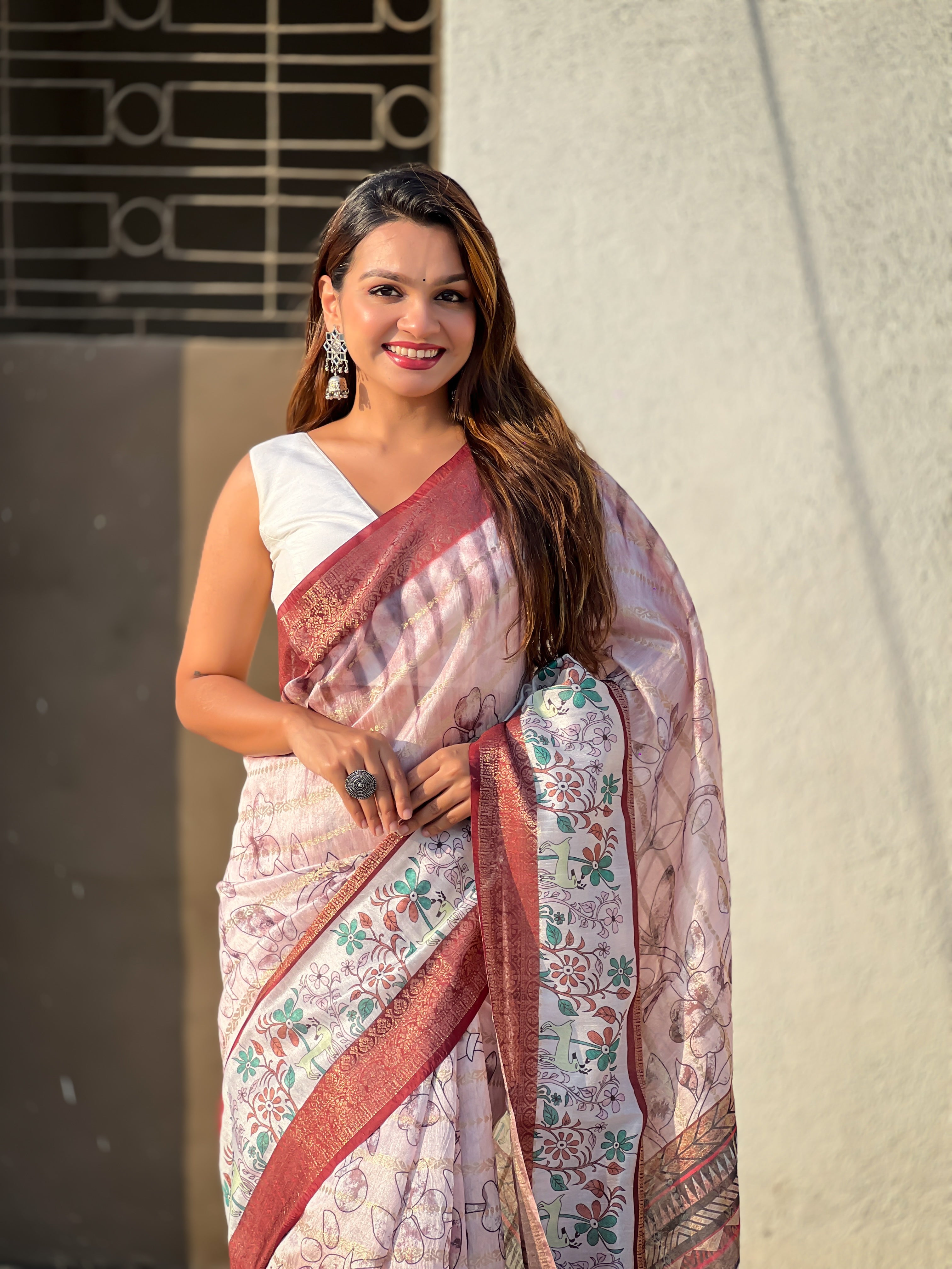 Maroon Chanderi Crush Printed With Woven Jari Designer Elegant Sophisticated Saree