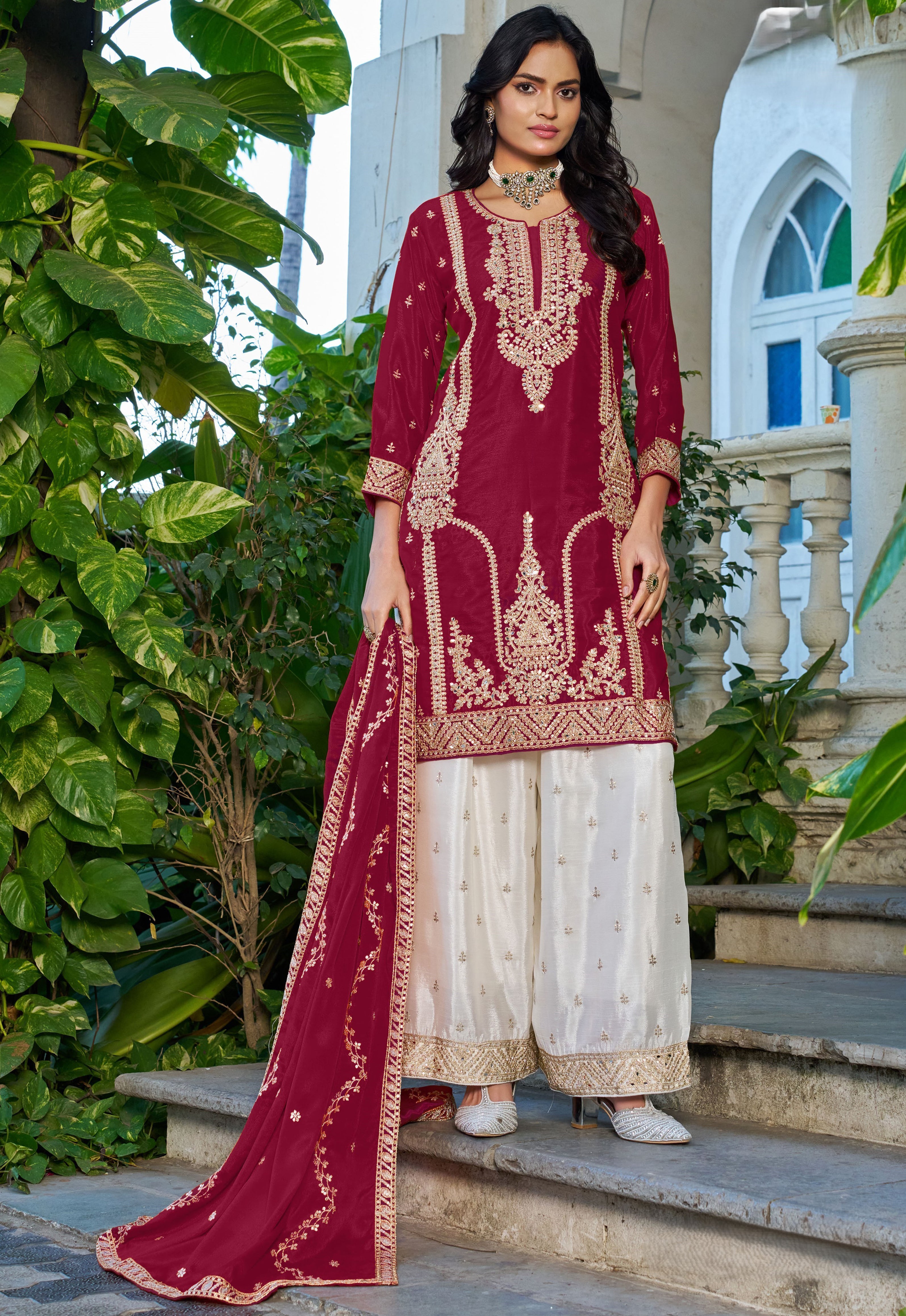 Maroon Chinon Palazzo Suit With Sequin Embroidery