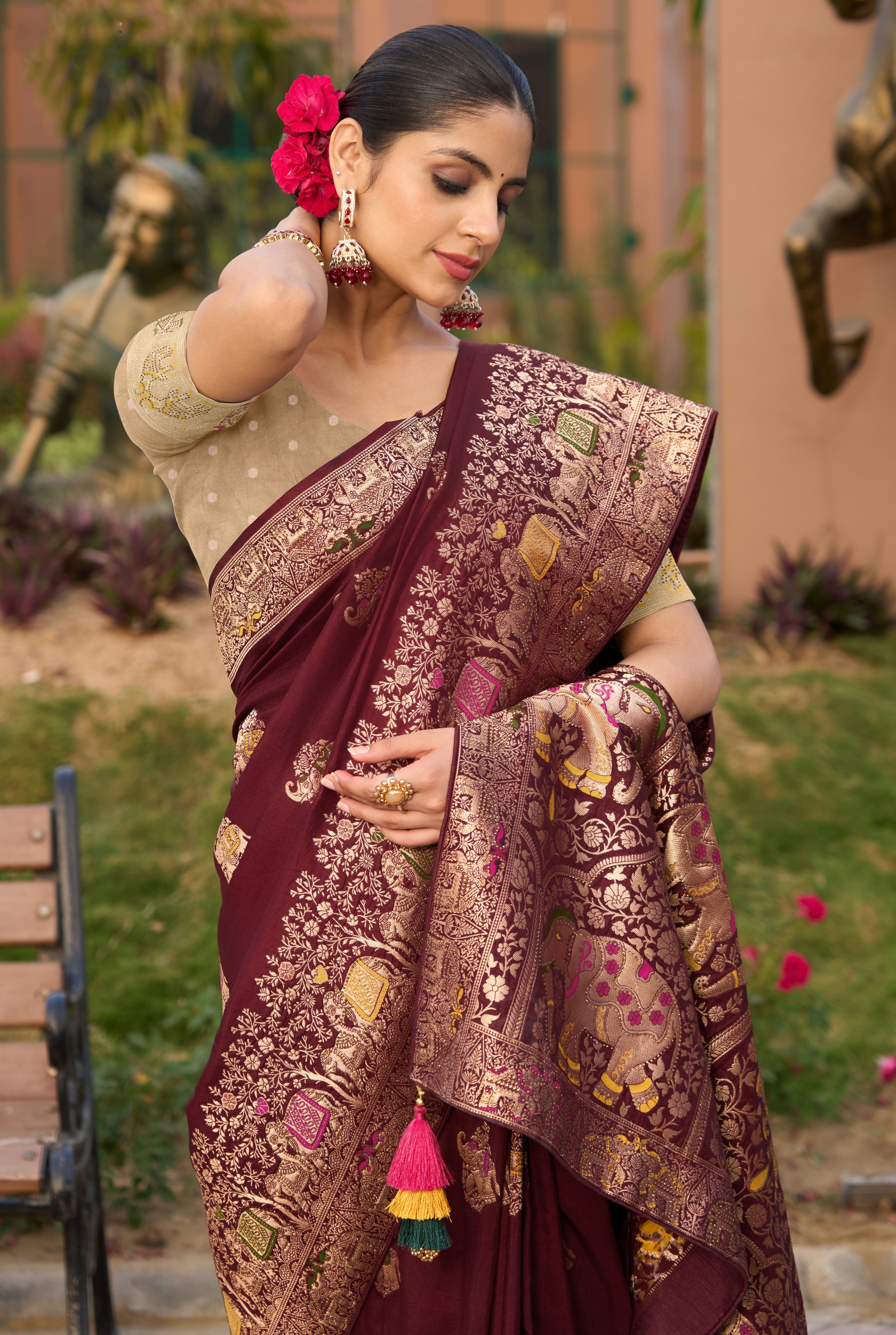 Maroon Color Pure Dola Silk Saree With  Jacquard Woven Work