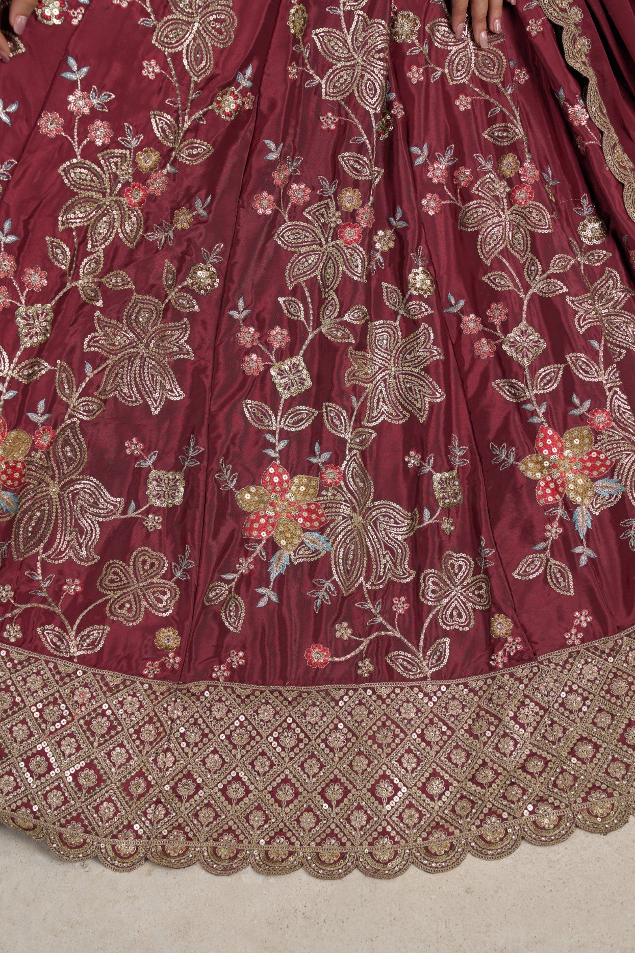 Maroon Crepe Silk Golden Floral Wedding Lehenga Choli
