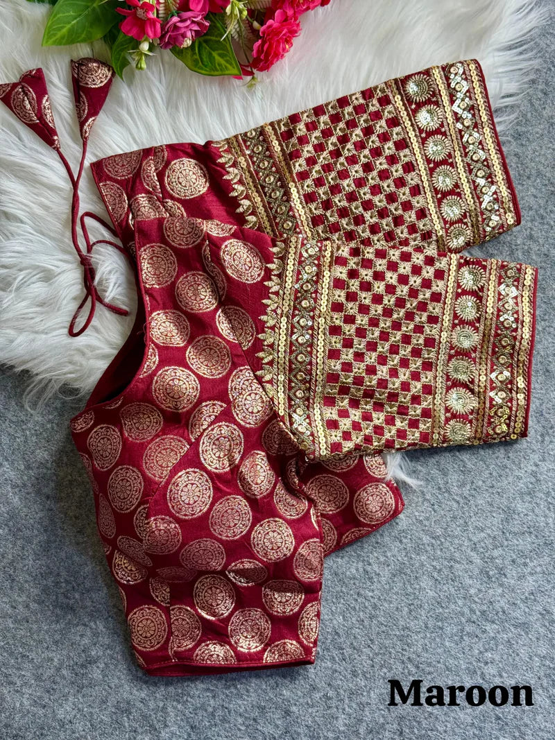 Maroon Designer Dola Silk Heavy Embroidered & Sequins Blouse for Women