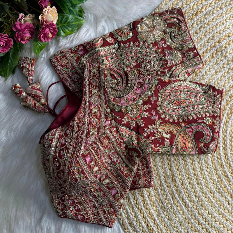 Maroon Designer Partywear Crepe Blouse with Heavy Position Embroidery & Sequins Work