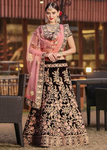 Maroon Embroidered Pure Velvet Bridal Wedding Lehenga Choli for Women