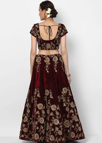 Maroon Embroidered Velvet Bridal Lehenga Choli With Light Peach Dupatta
