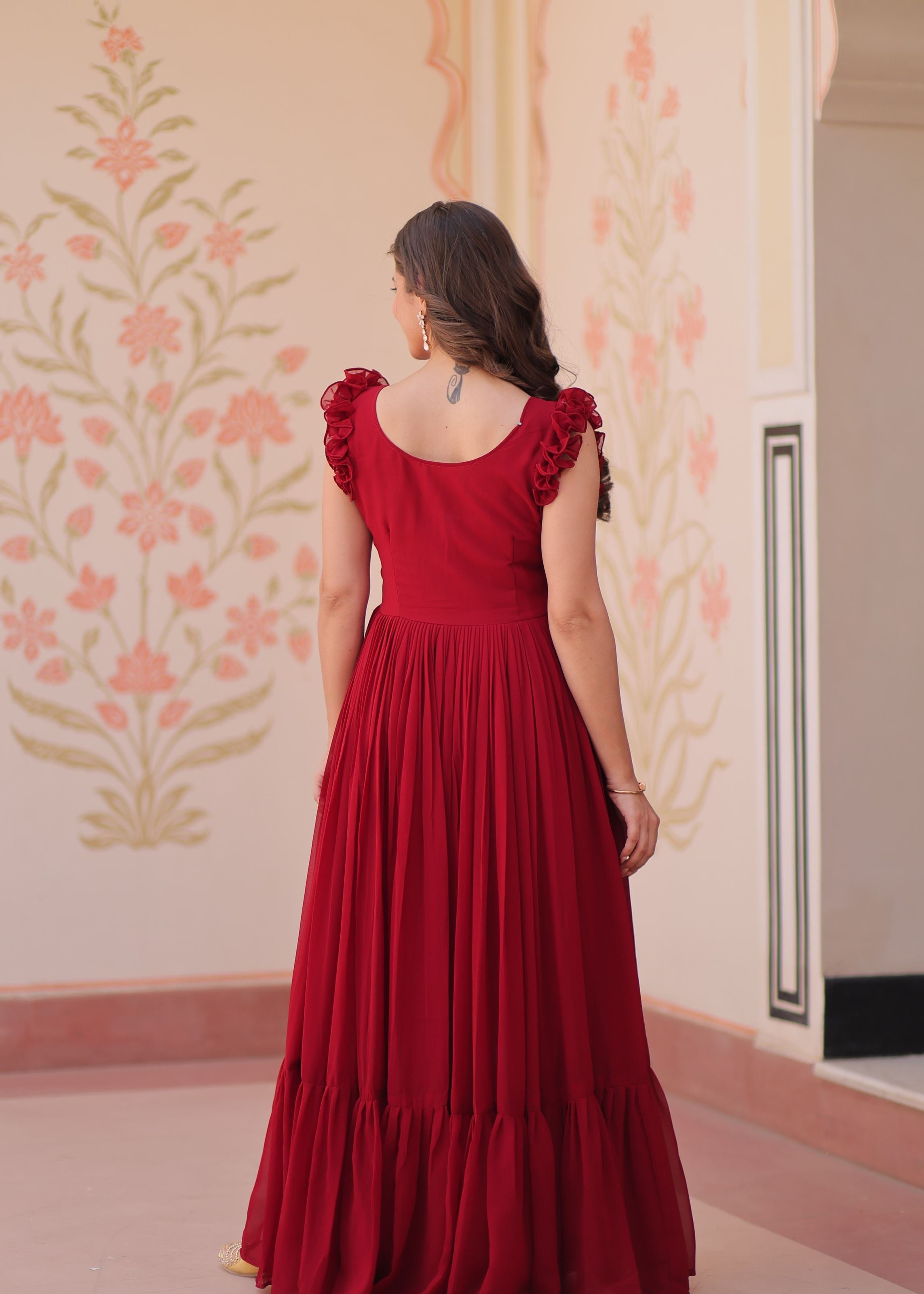 Maroon Faux Blooming Gown With Sequins Multithreaded Beads Embroidered work