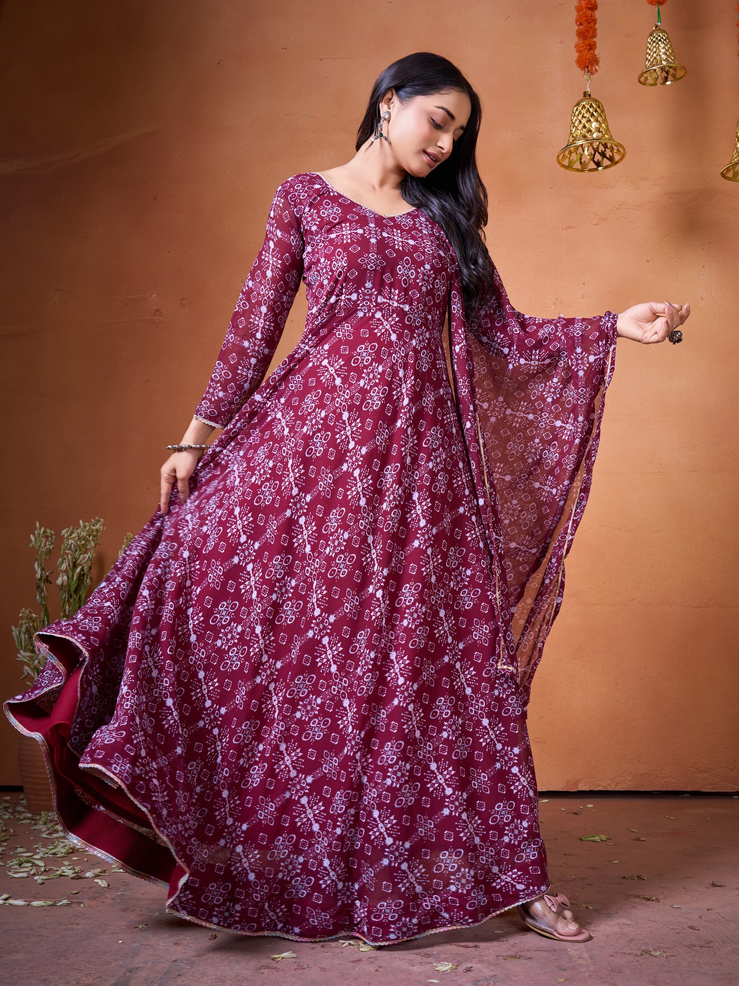Maroon Georgette Designer Suit Set With Digital Print Elegance