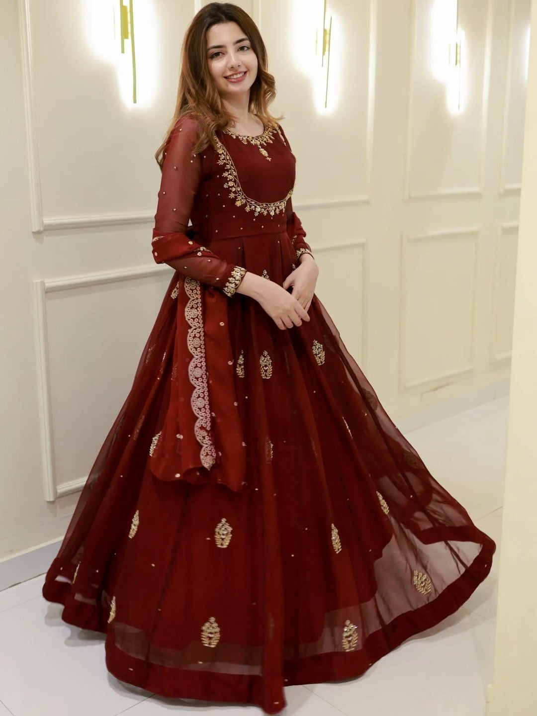 Maroon Georgette Kurta Pant Set With Heavy Thread Embroidery Sequins Work