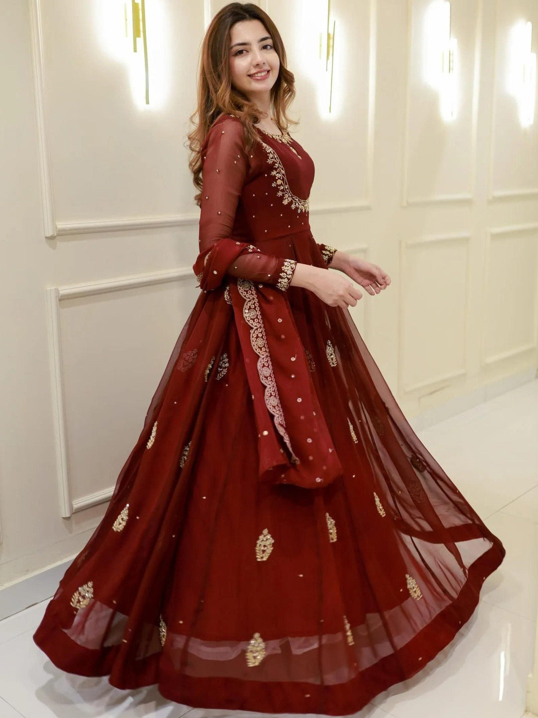 Maroon Georgette Kurta Pant Set With Heavy Thread Embroidery Sequins Work