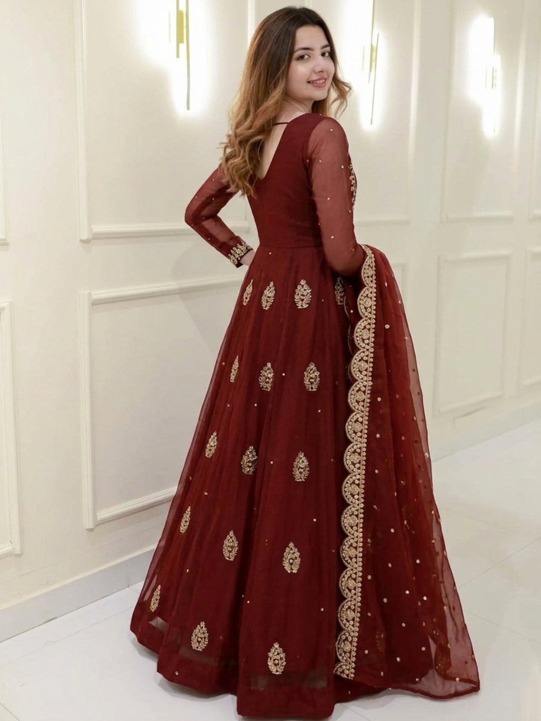 Maroon Georgette Kurta Pant Set With Heavy Thread Embroidery Sequins Work