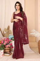 Maroon Georgette Ready To Wear Sequins Embroidered Saree