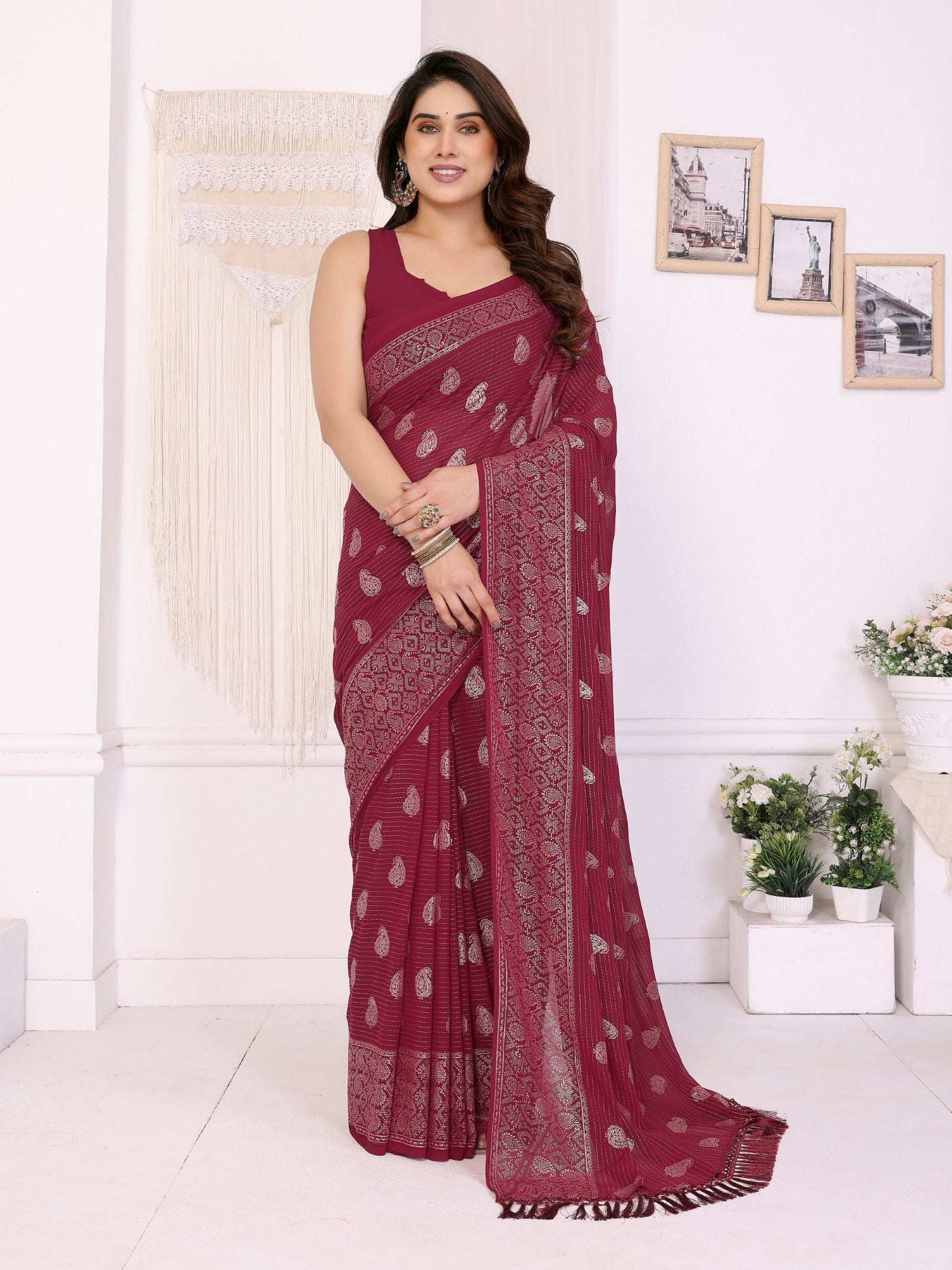 Maroon Georgette Saree With Foil Work And Designer Lace Border