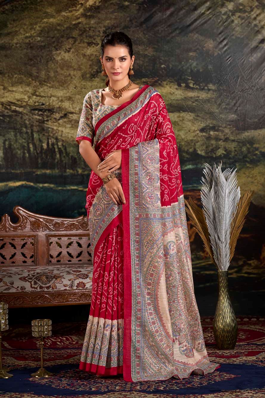 Maroon Green Silk Saree with Madhubani & Bandhej Magic
