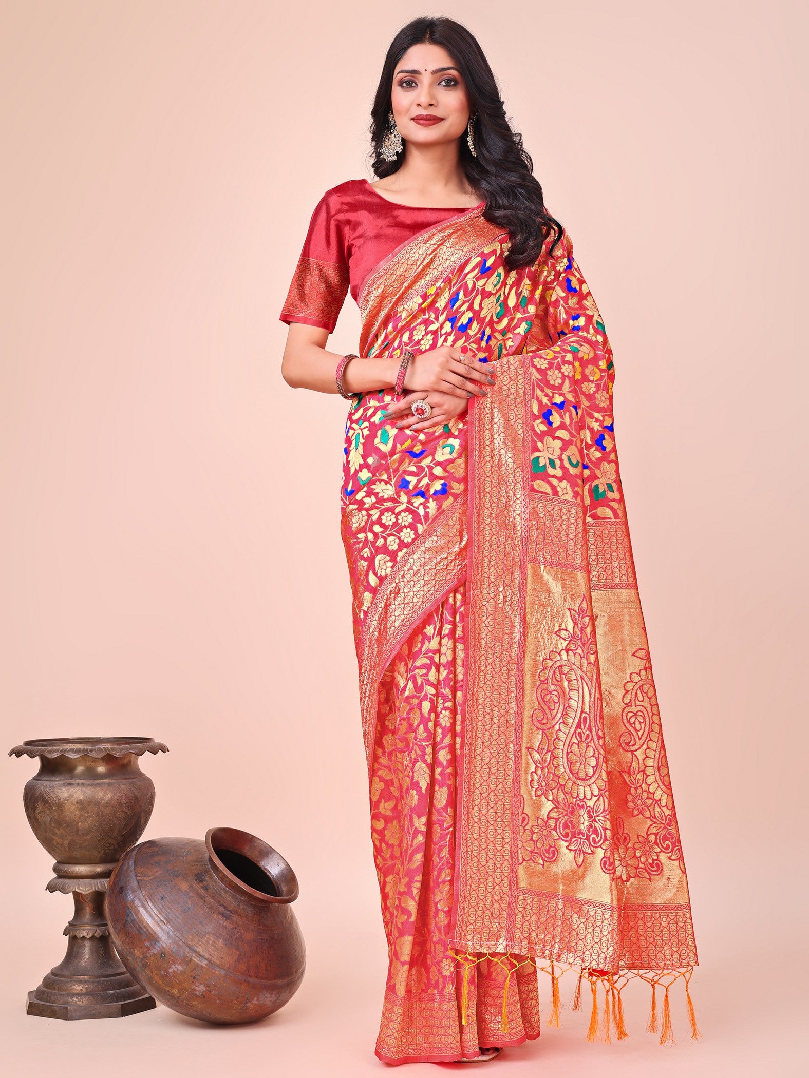 Maroon Lichi Silk Woven Designer Girlie Partywear Saree