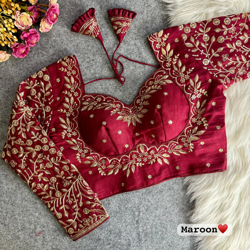 Maroon Madhubala Vichitra Silk Blouse With Embroidery & Sequins Work