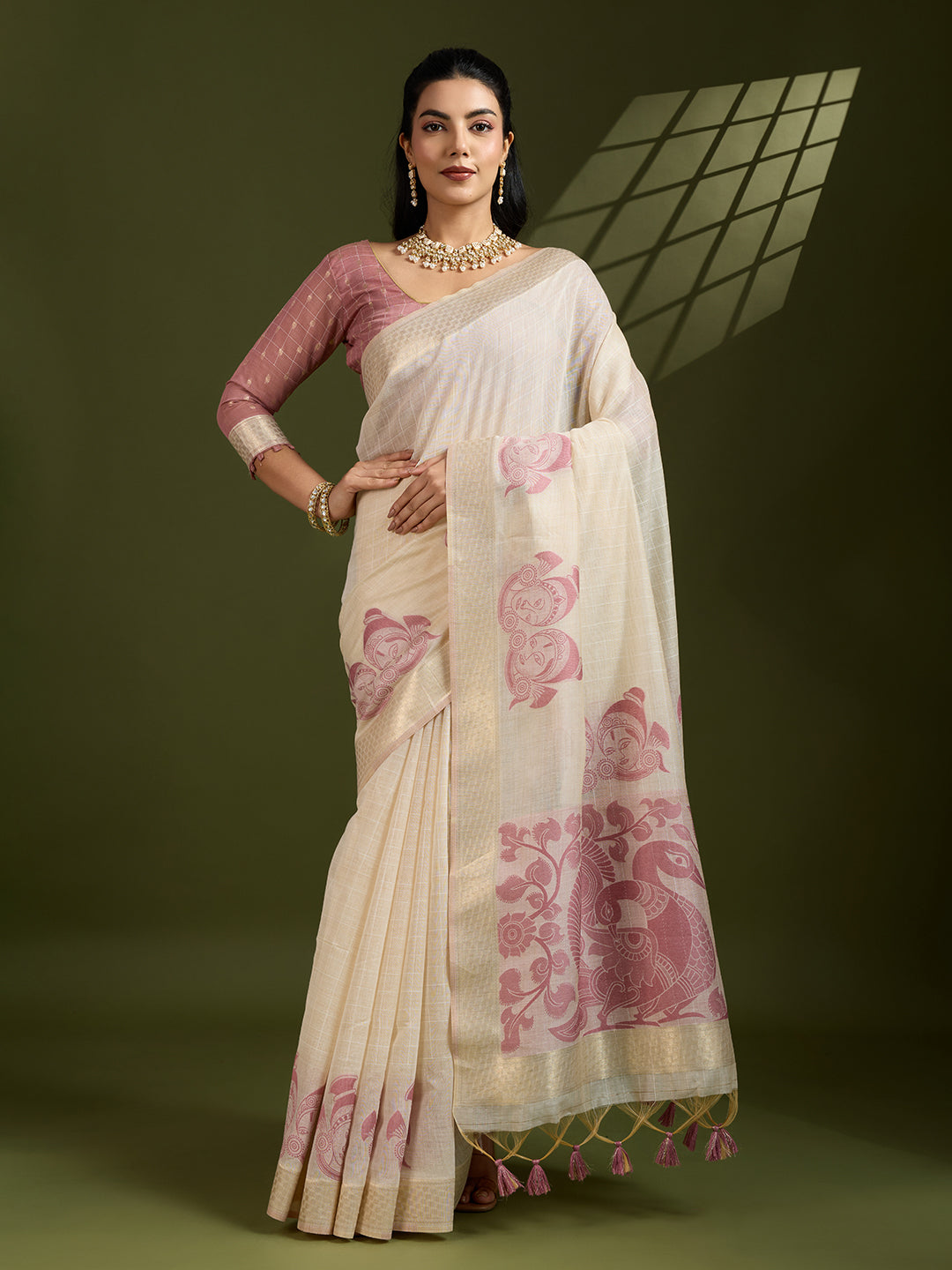 Maroon Muga Cotton Saree with Self Checks and Kalamkari Border