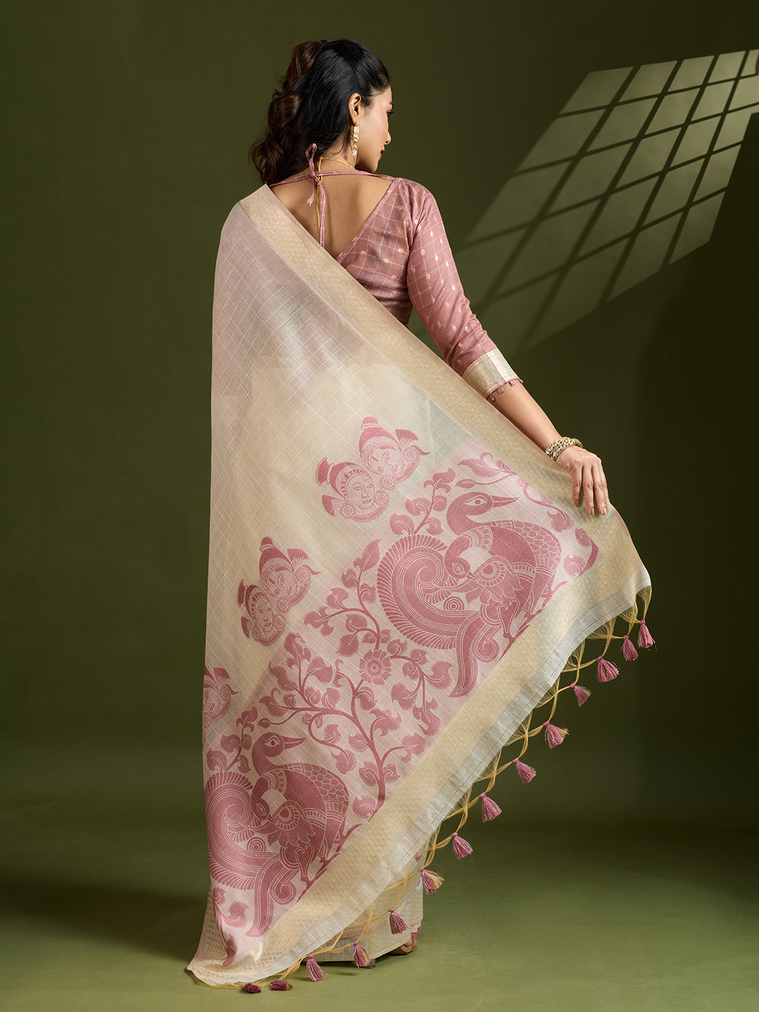 Maroon Muga Cotton Saree with Self Checks and Kalamkari Border