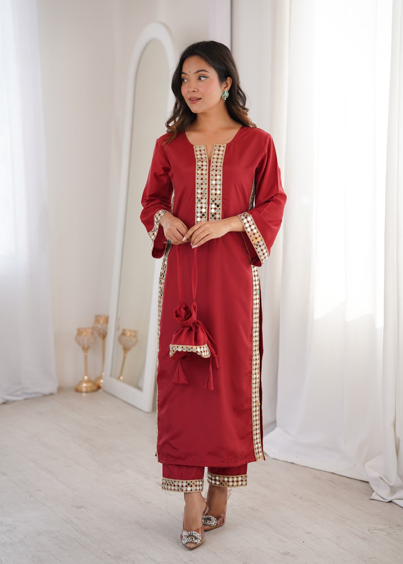 Maroon Natural Crepe Designer Suit Set With Mirror Lace Accents