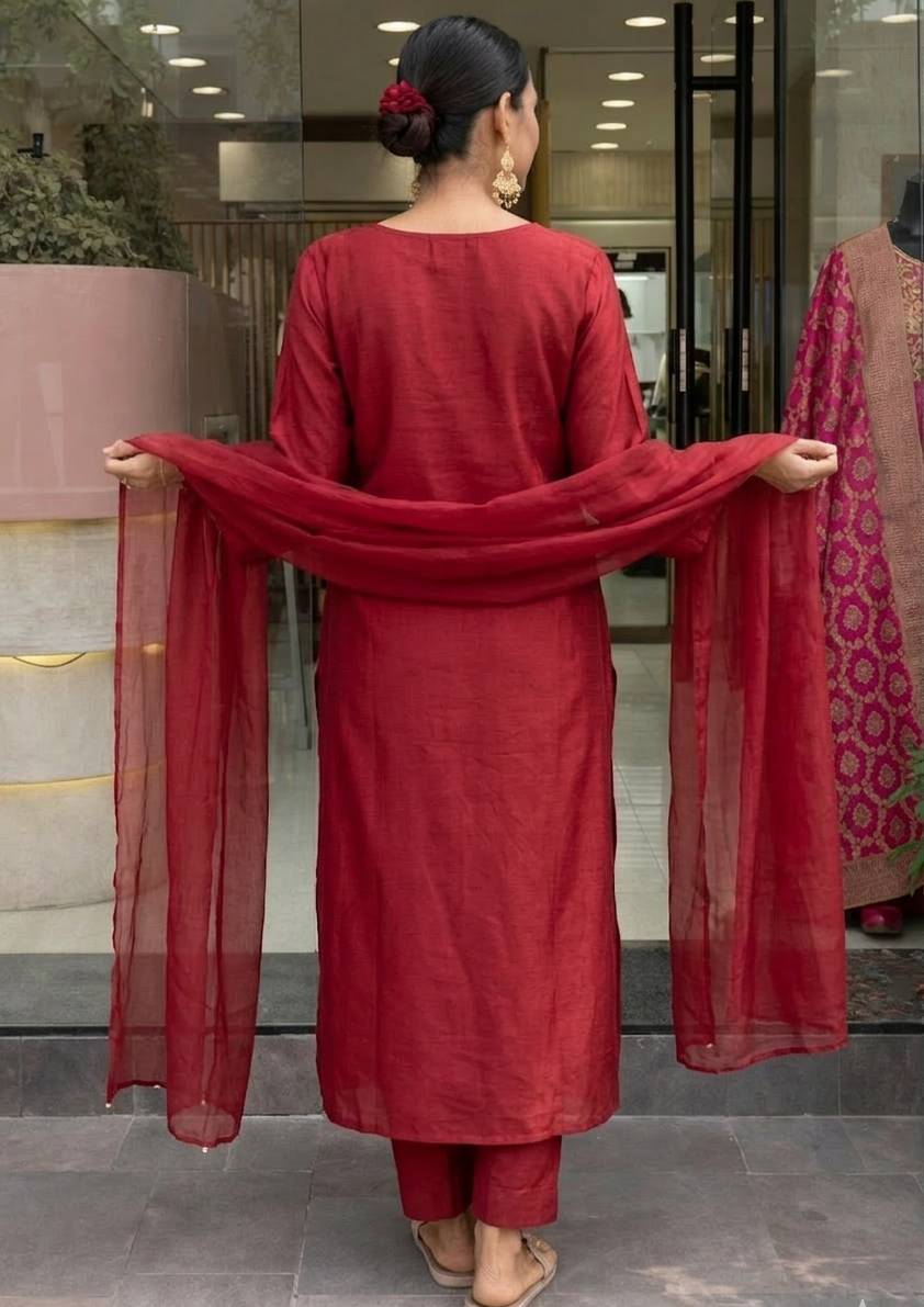 Maroon P.V Chanderi Kurta Pant Set With Heavy Thread Embroidery Work