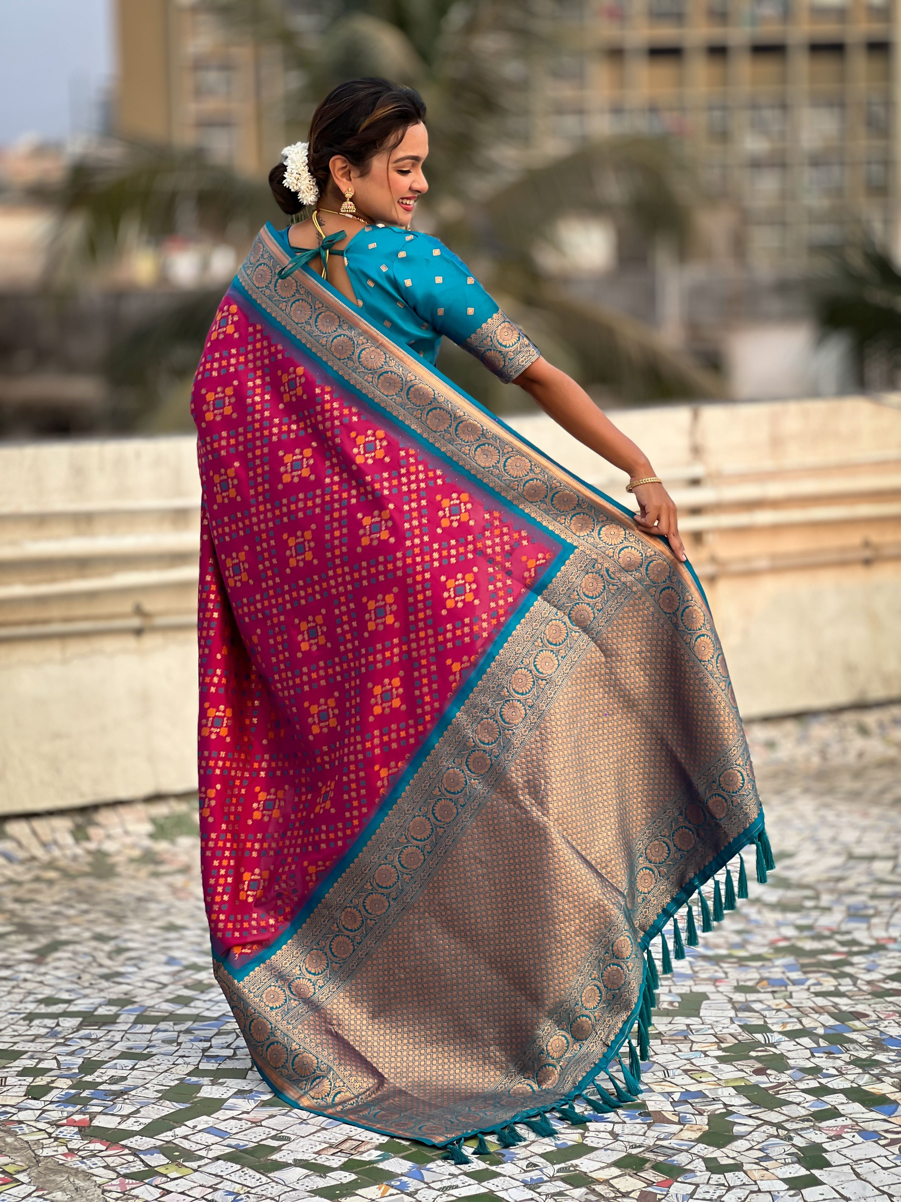 Maroon Patola Silk Weaving Ikkat Meenakari Designer Graceful Ceremonial Saree