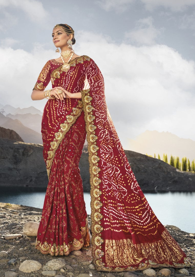 Maroon Pure Gajji Bandhej Satin Saree With  Embroidred With Mirror, Moti and Cut Dana Work