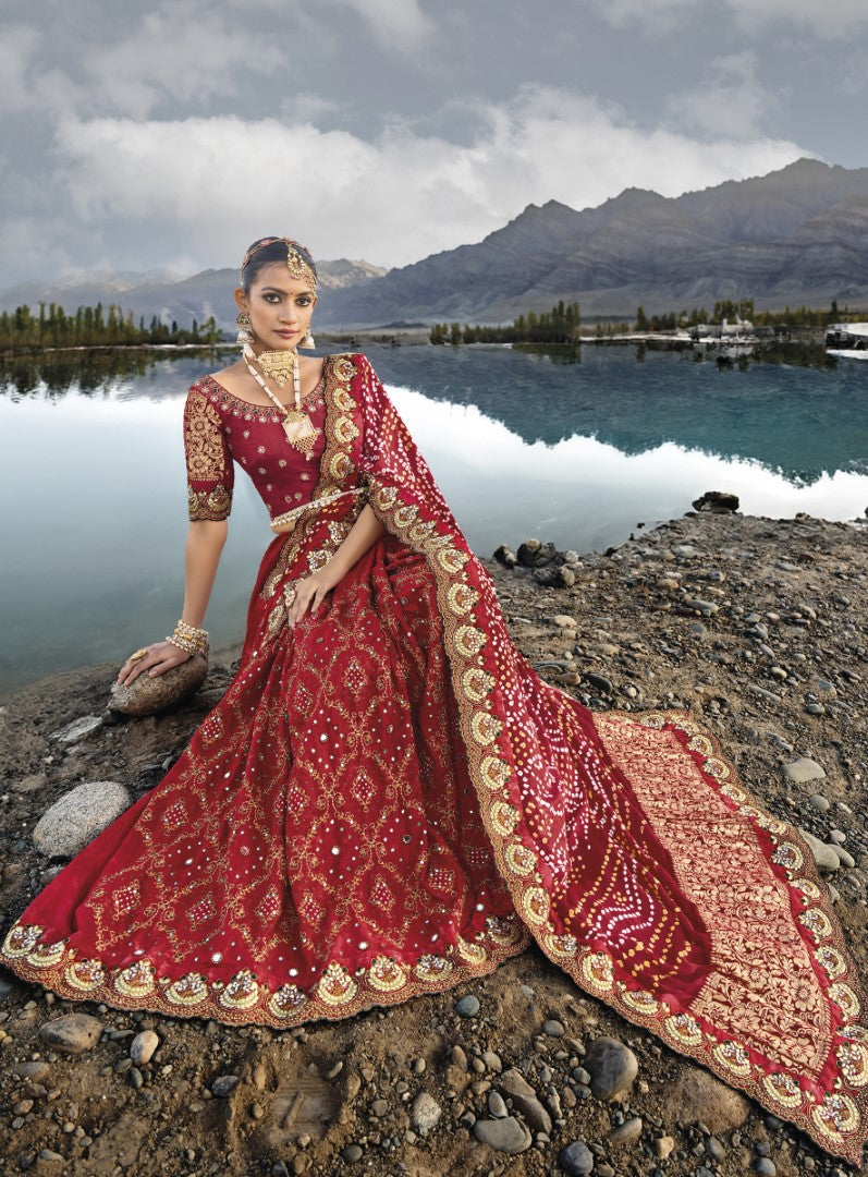 Maroon Pure Gajji Bandhej Satin Saree With  Embroidred With Mirror, Moti and Cut Dana Work