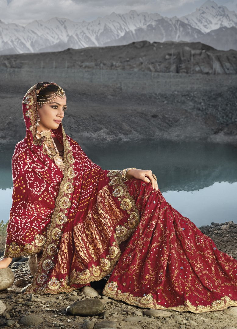 Maroon Pure Gajji Bandhej Satin Saree With  Embroidred With Mirror, Moti and Cut Dana Work