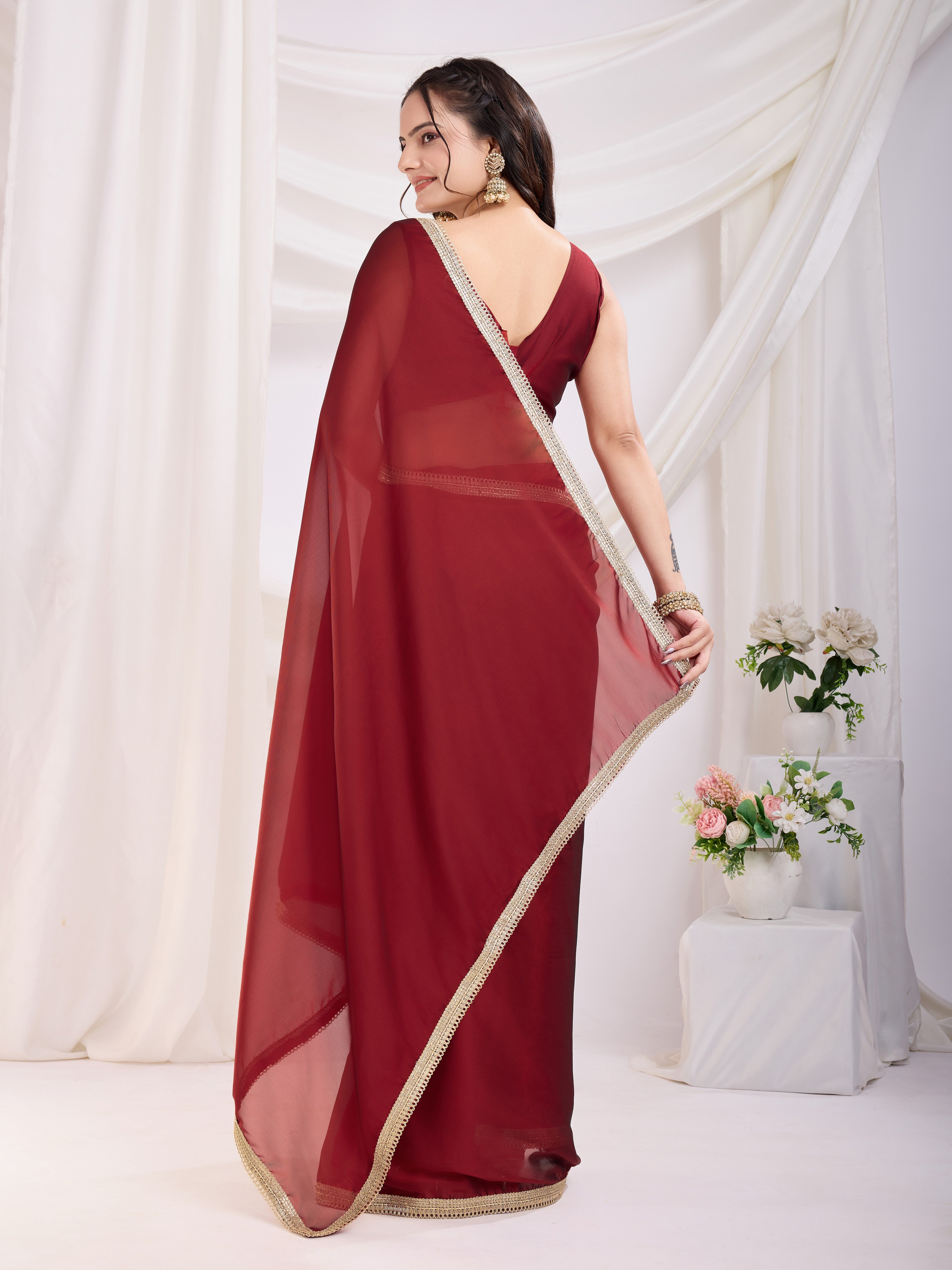 Maroon Rangoli Silk Pre Stitched Solid Printed Saree With Lace Border