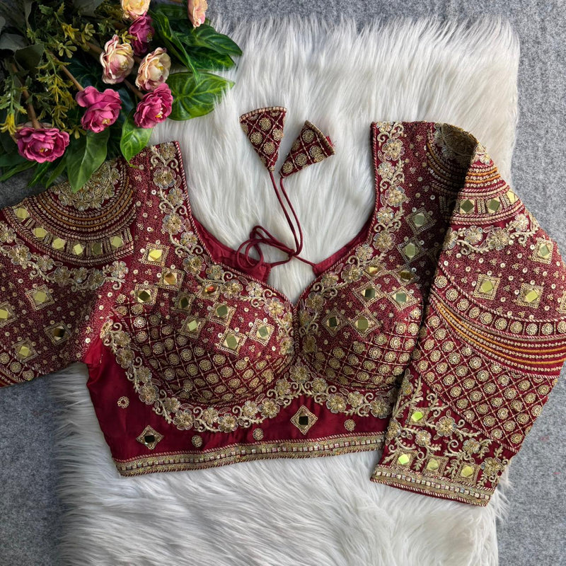 Maroon Real Mirror Work Long Sleeve Bridal Blouse in Roman Silk with Embroidery & Sequins