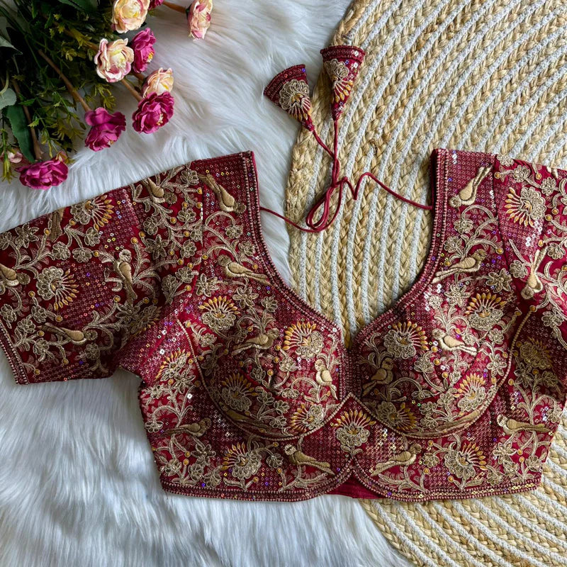 Maroon Royale Luxury Bird Motif Bridal Blouse  Roman Silk Designer Wedding Wear