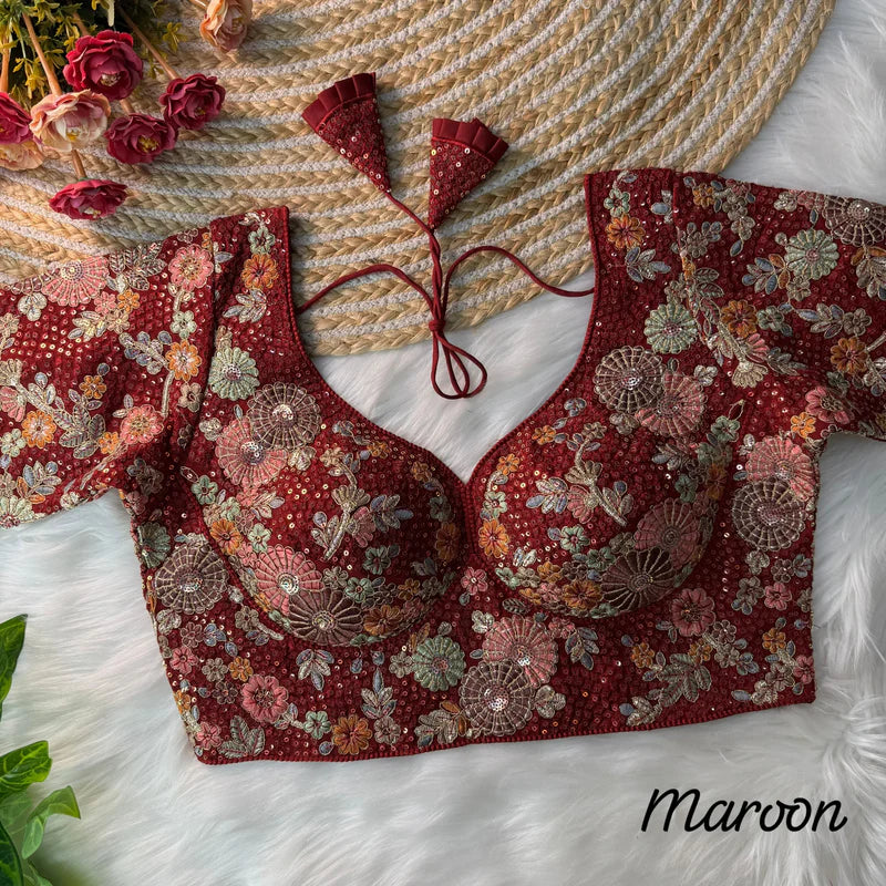 Maroon Sabyasachi-Inspired Heavy Embroidered Faux Georgette Blouse with Sequin Work