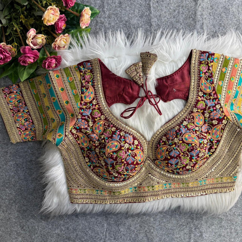 Maroon Sabyasachi Style Heavy Kashmiri Thread & Cording Work Fox Georgette Blouse for Women