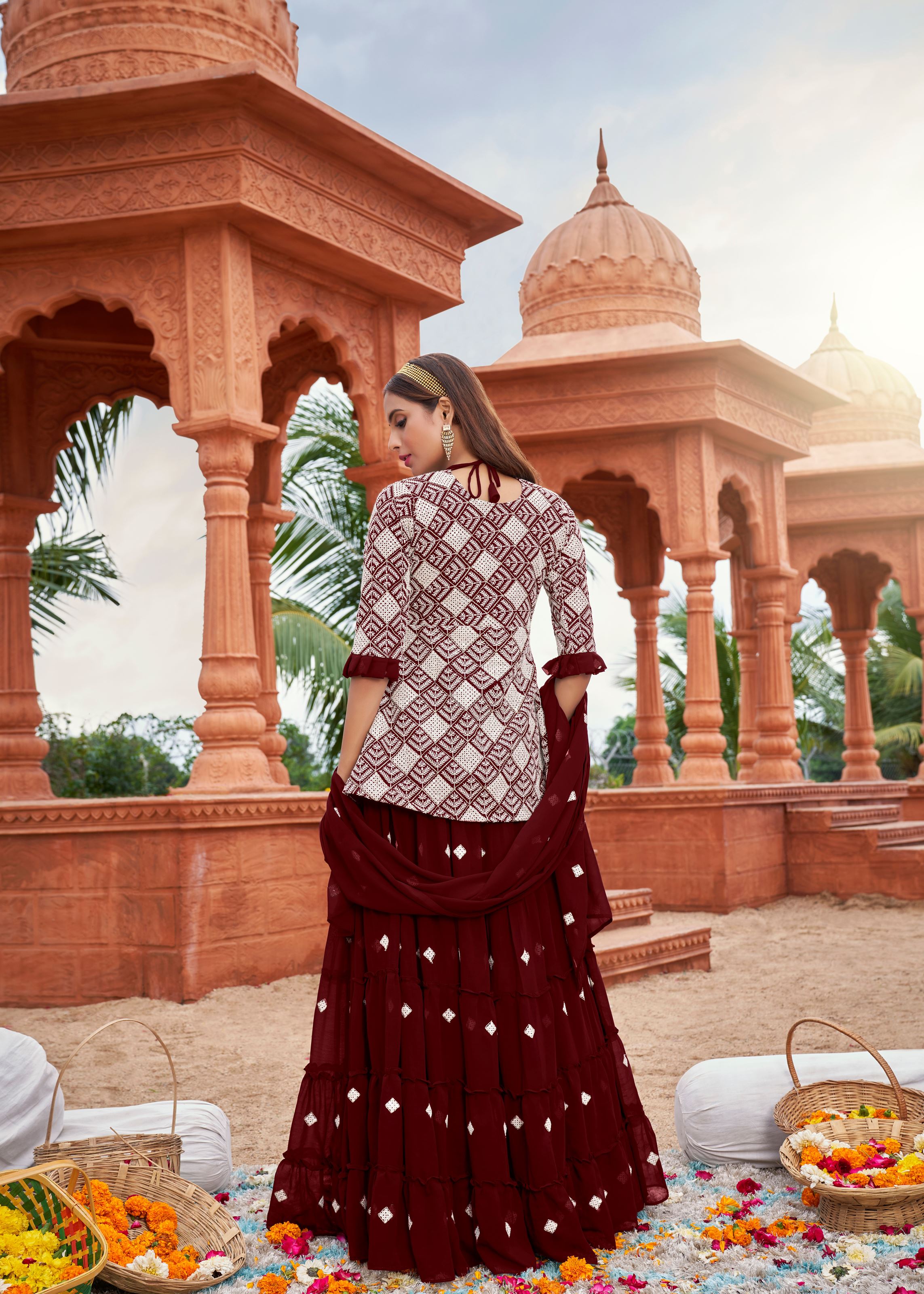 Maroon Sarara Suite With Heavy Fox Georgette And Cotton Embroidery Work