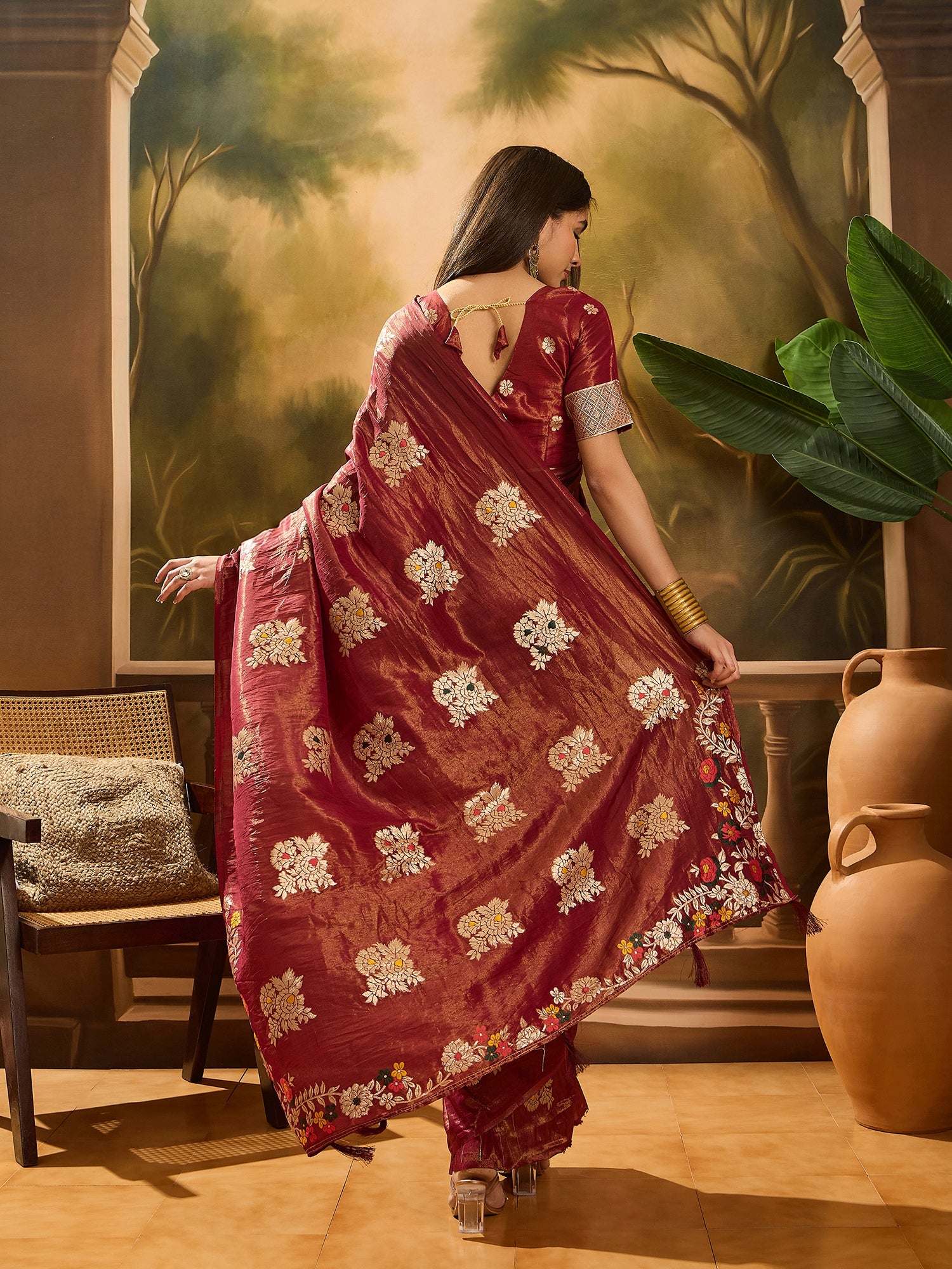 Maroon Shimmer Silk Woven Jacquard Designer Traditional Partywear Saree