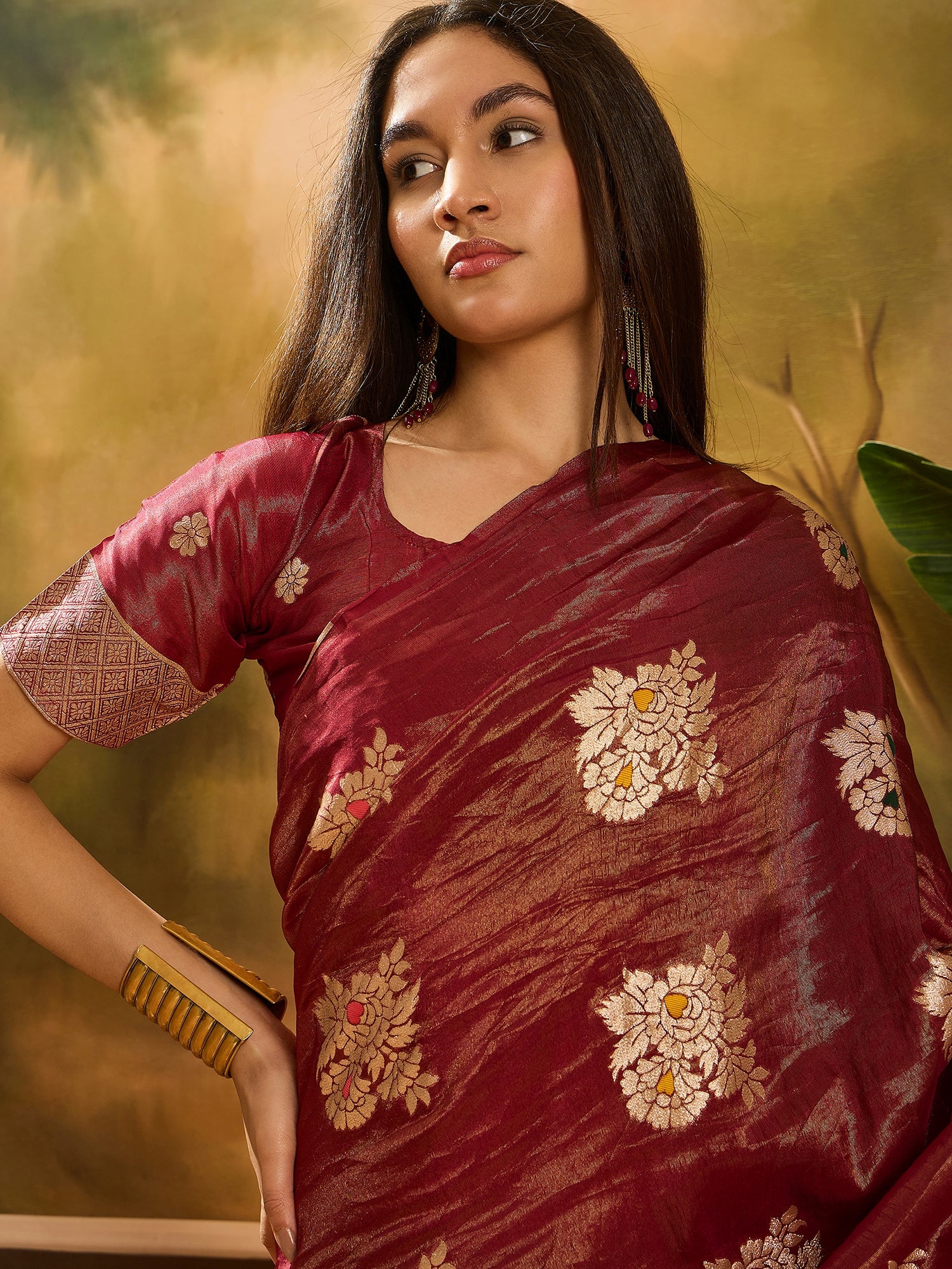 Maroon Shimmer Silk Woven Jacquard Designer Traditional Partywear Saree