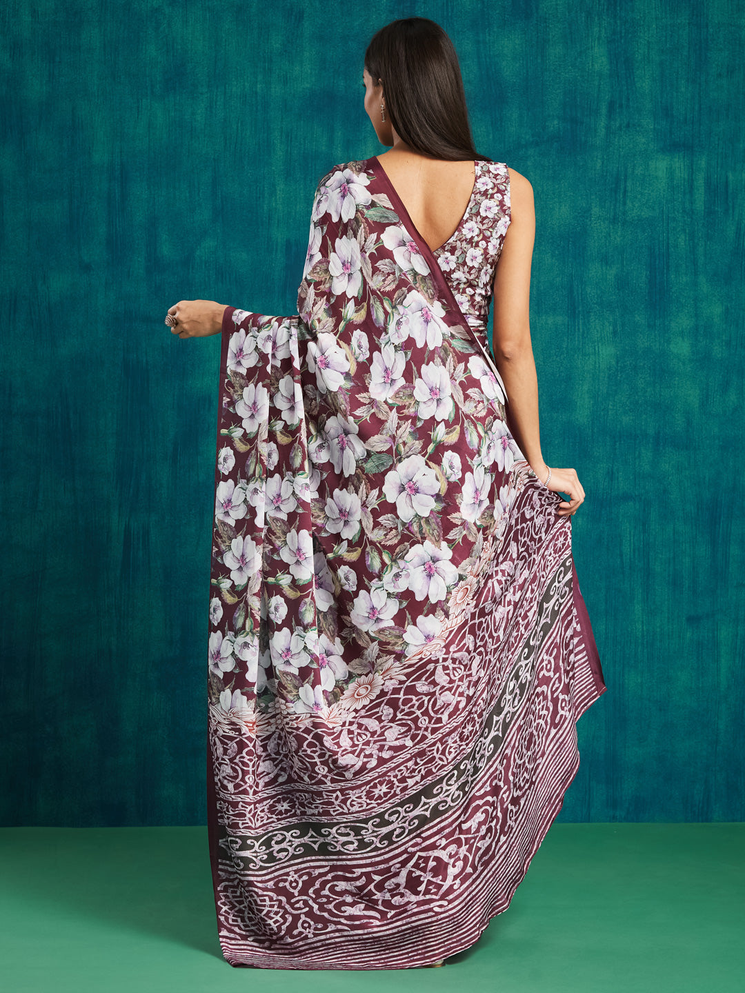 Maroon Silk Crepe Designer Printed Ready To Wear Saree