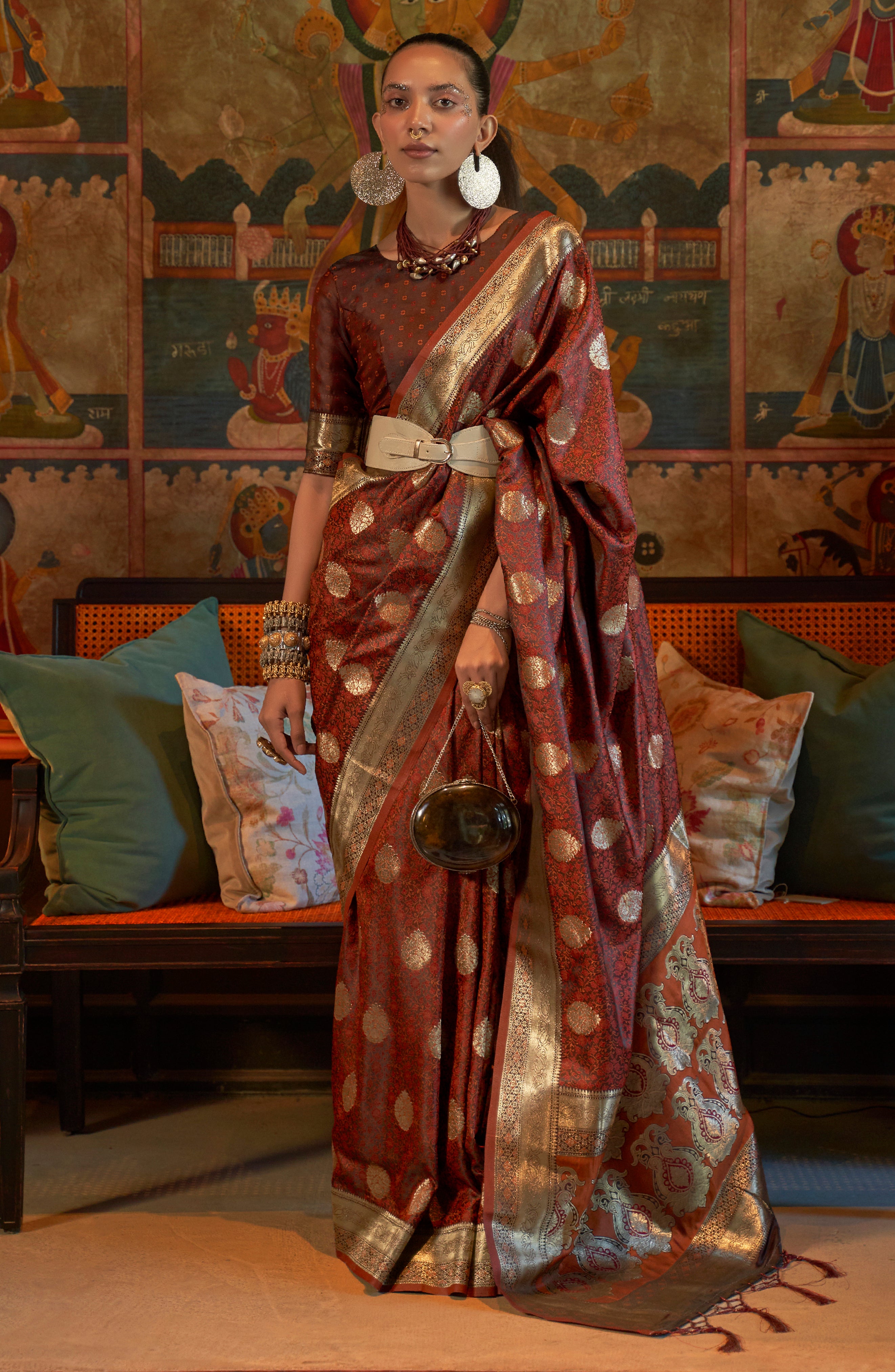 Maroon Silk Saree with  Jacquard Woven Work
