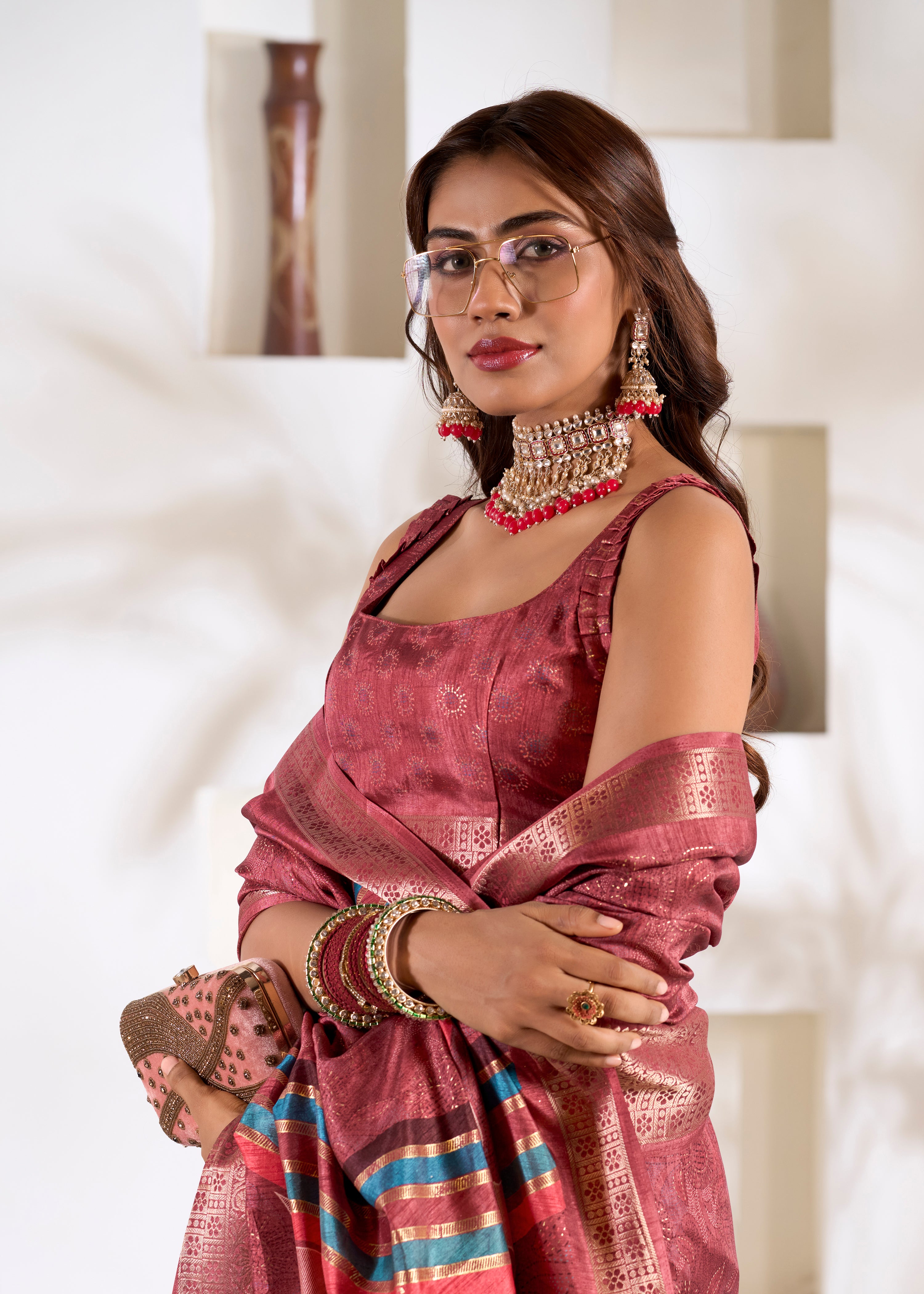 Maroon Soft Dola Silk Saree With  Foil Print With Jacquard Woven Work