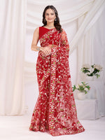 Maroon Soft Net Designer Thread Embroidery Work Girlie Partywear Saree