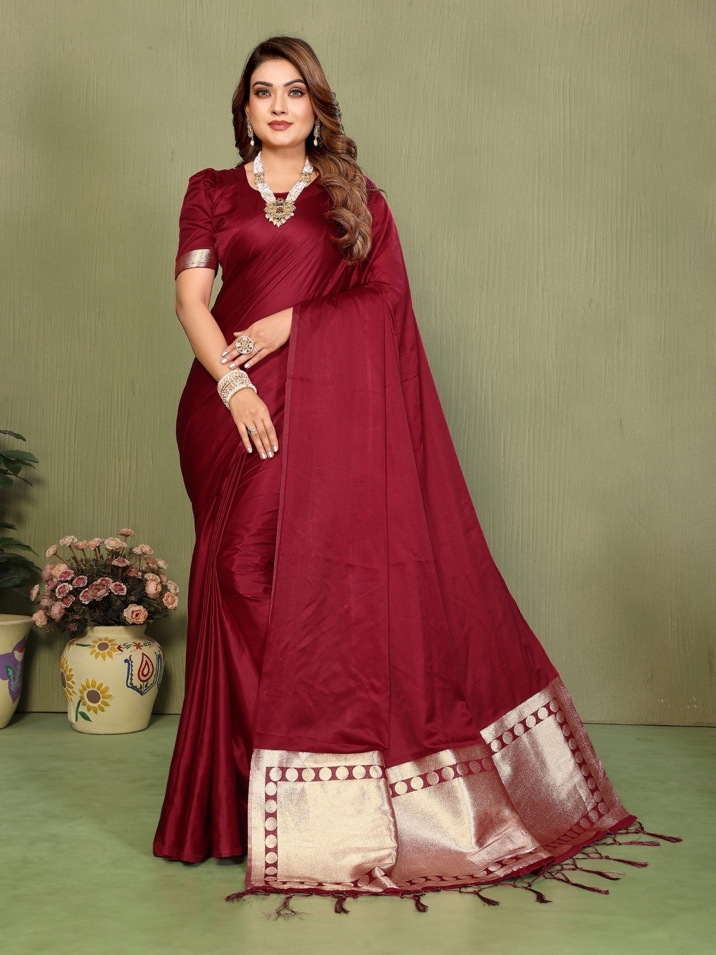 Maroon Soft Satin Silk Saree With Premium Zari Weaving