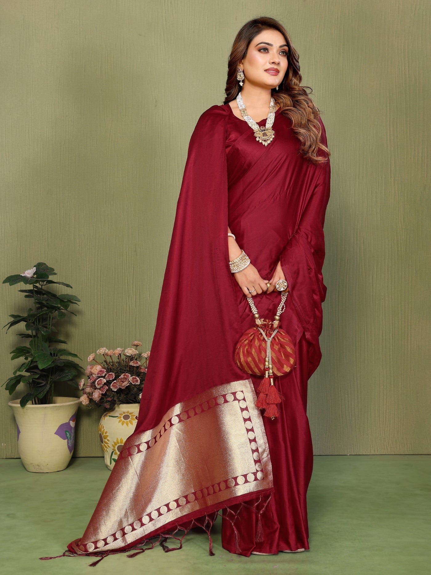 Maroon Soft Satin Silk Saree With Premium Zari Weaving