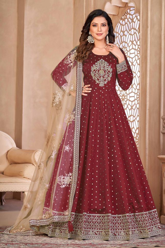 Maroon Taffeta Butti Heavy Thread Embroidery Sequins Work  Anarkali Suits