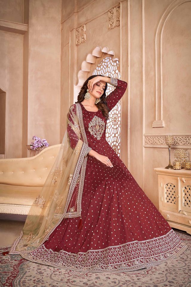 Maroon Taffeta Butti Heavy Thread Embroidery Sequins Work  Anarkali Suits