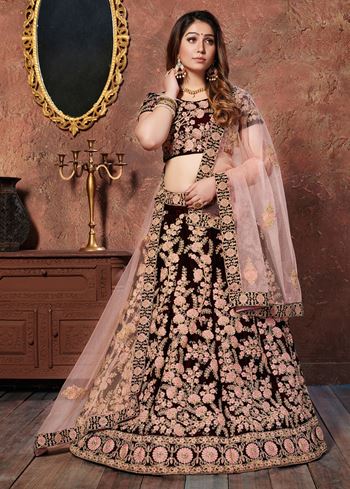 Maroon Thread Embroidery Velvet Silk Bridal Wear Lehenga Choli and Pastel Pink Dupatta