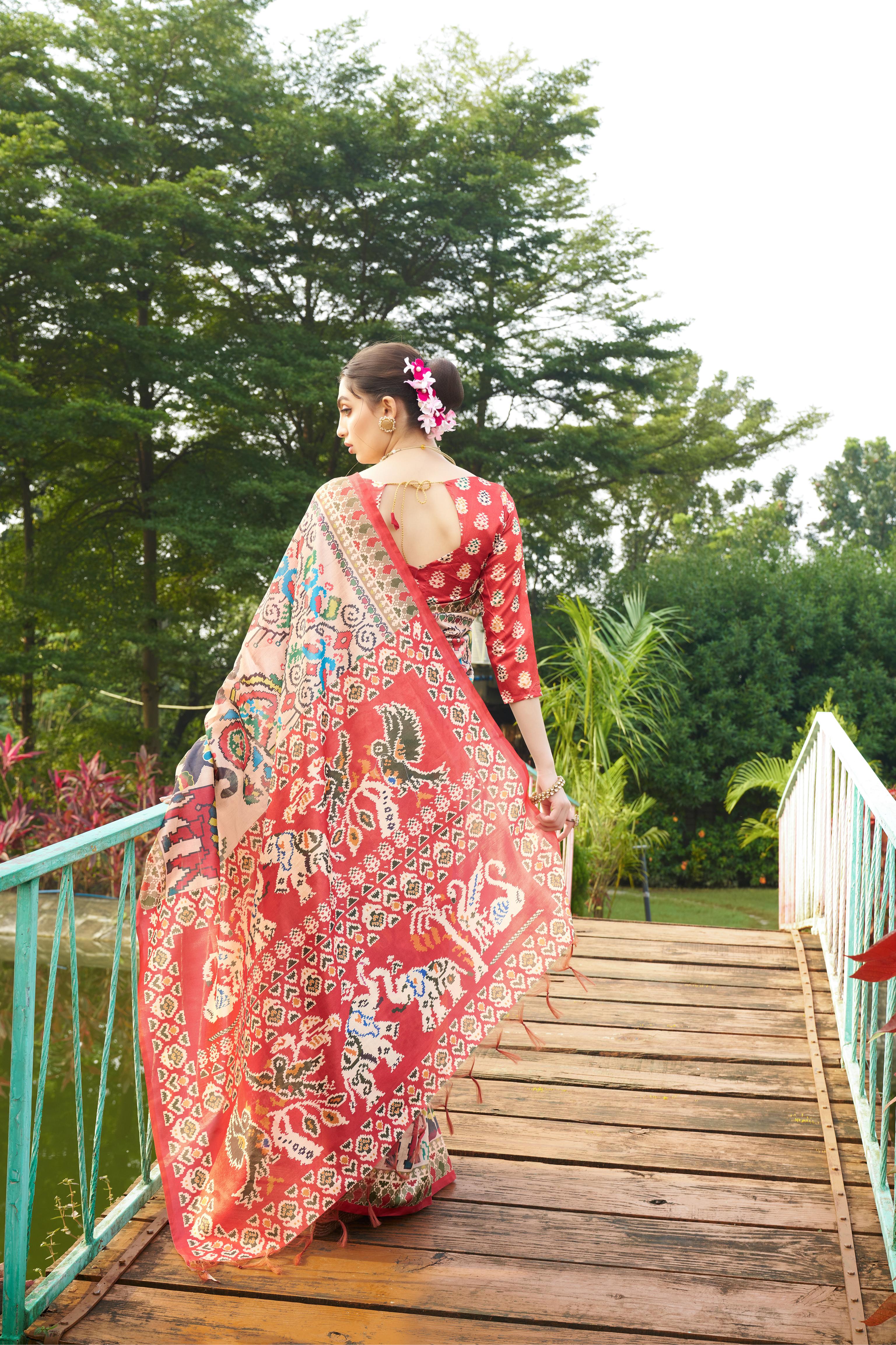 Maroon Tussar Silk Fabric Designer Patola Printed Ethnic Traditional Saree