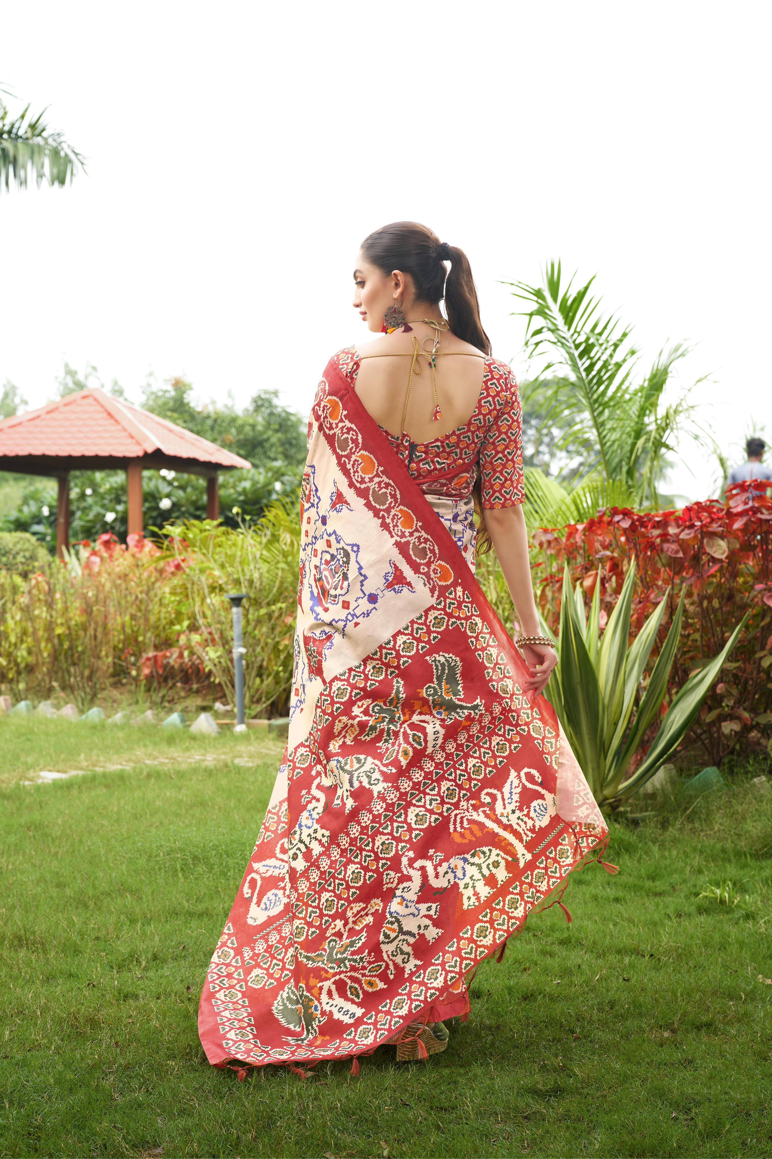 Maroon Tussar Silk Fabric Designer Patola Printed Ethnic Traditional Saree