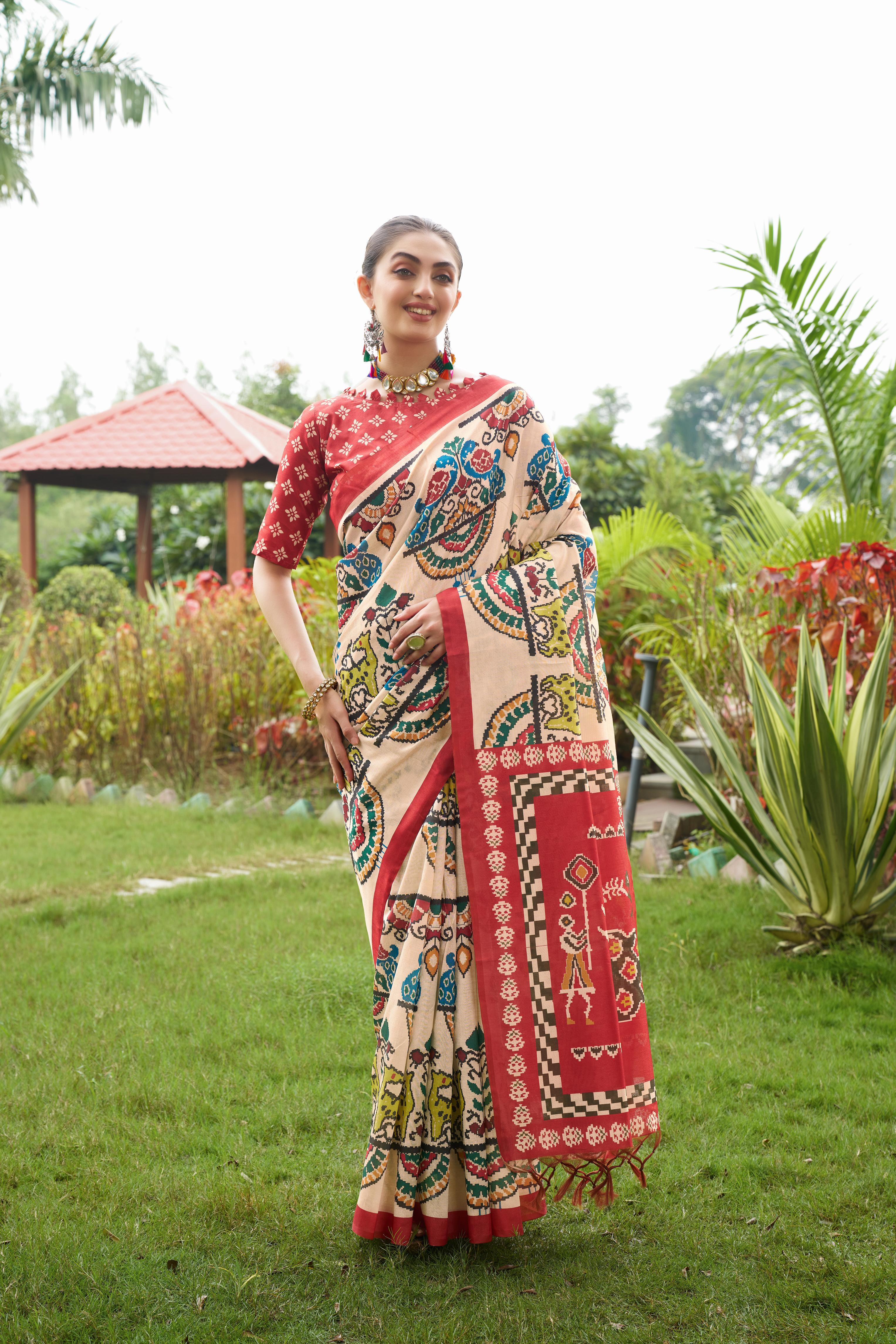 Maroon Tussar Silk Fabric Designer Patola Printed Ethnic Traditional Saree