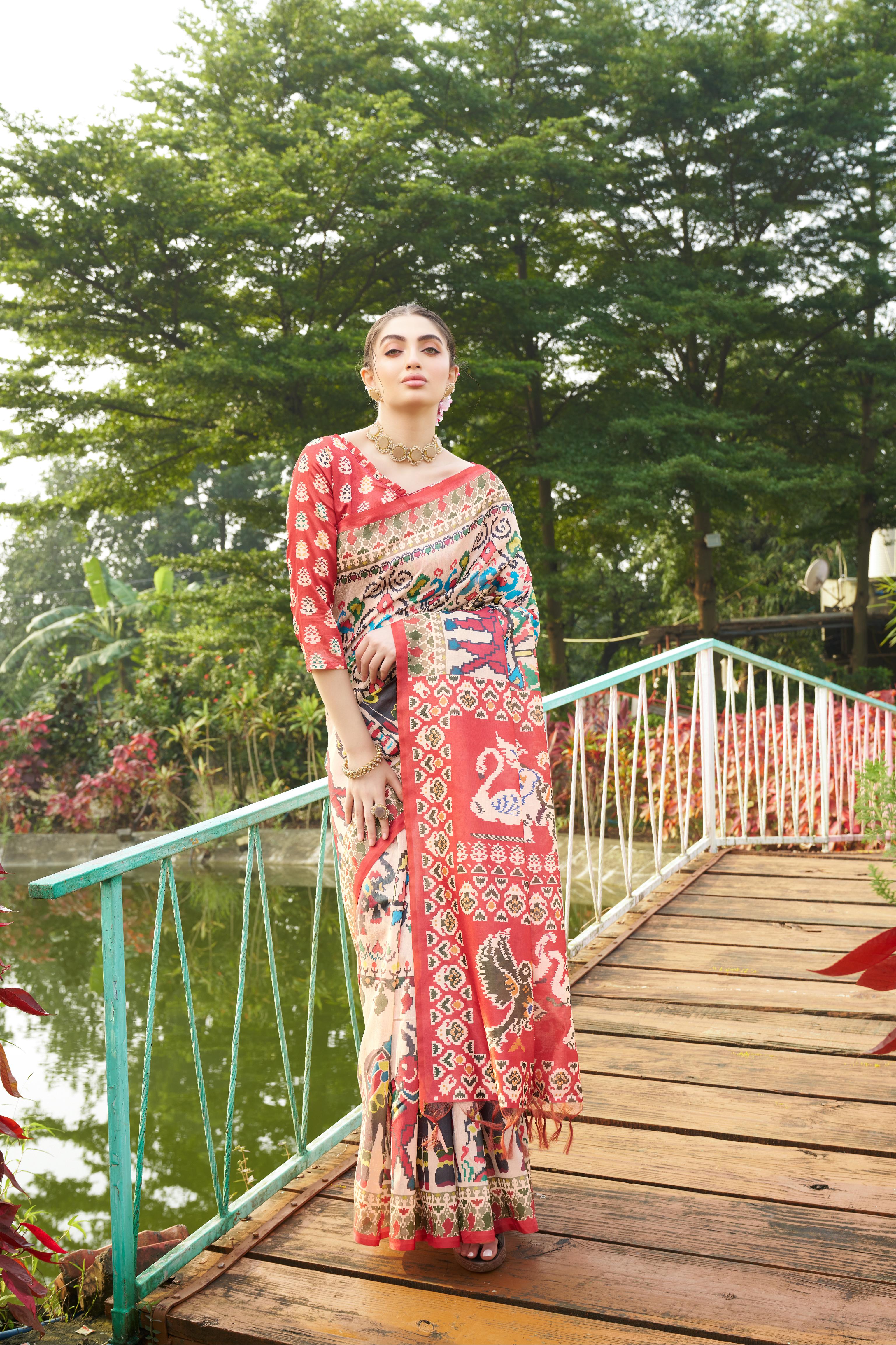 Maroon Tussar Silk Fabric Designer Patola Printed Ethnic Traditional Saree